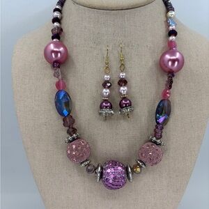 Pink and Purple Beaded Necklace with Ornate Crystal Accents Upcycled